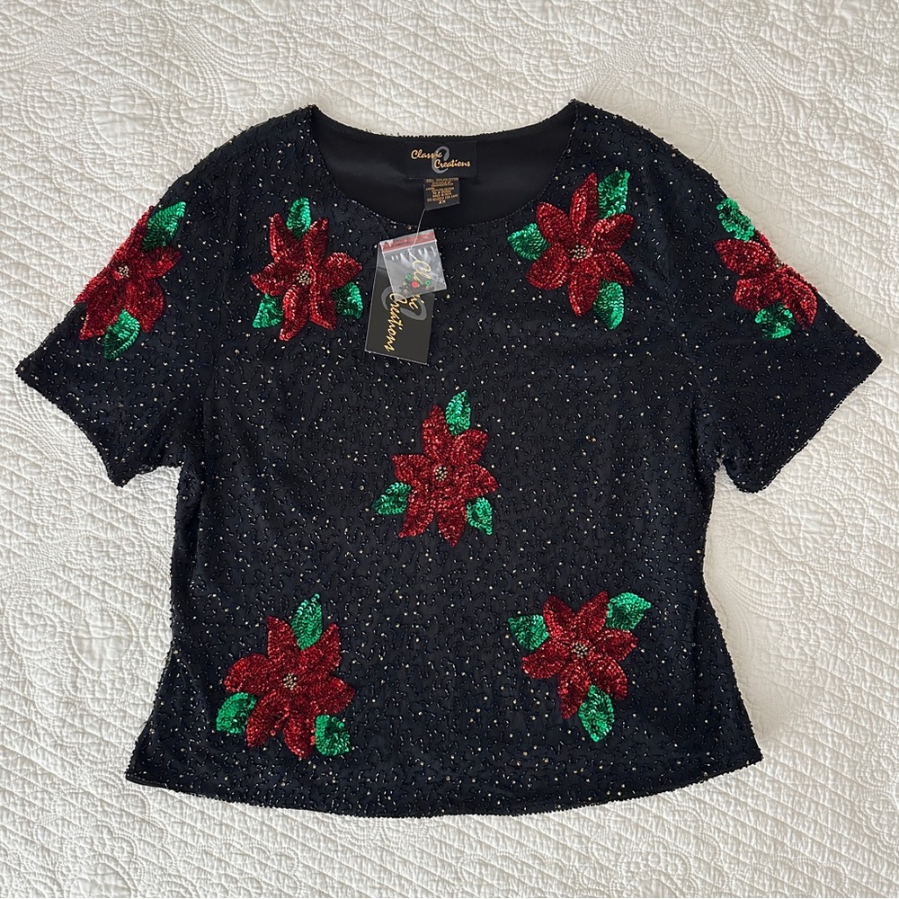 NWT Classic Creations Vintage Beaded Holiday Blouse Short Sleeve Women's 2X Plus